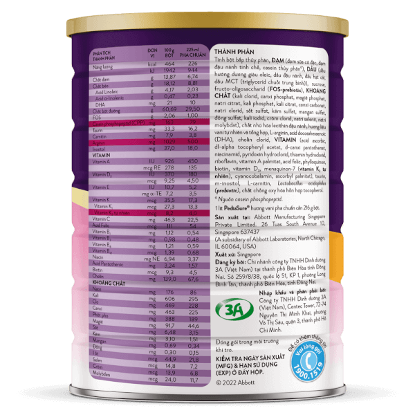 Thực phẩm dinh dưỡng y học cho trẻ 1-10 tuổi: Pediasure vani 1,6kg (Giao bao bì ngẫu nhiên)