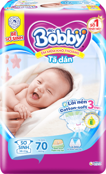 Tã dán Bobby siêu thấm - khô thoáng  (Sơ sinh, dưới 5kg, 70 miếng) (giao bao bì ngẫu nhiên)
