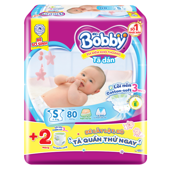 Tã dán Bobby siêu thấm - khô thoáng  (S, 4-8kg, 80 miếng) (giao bao bì ngẫu nhiên)