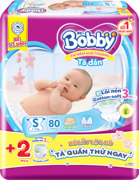 Tã dán Bobby siêu thấm - khô thoáng  (S, 4-8kg, 80 miếng) (giao bao bì ngẫu nhiên)