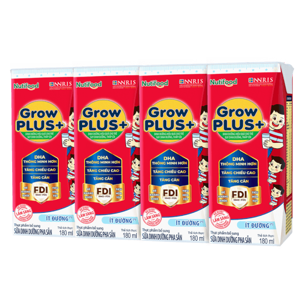 Sữa GrowPLUS+ ít đường 180ml (lốc 4 hộp) (Giao bao bì ngẫu nhiên)