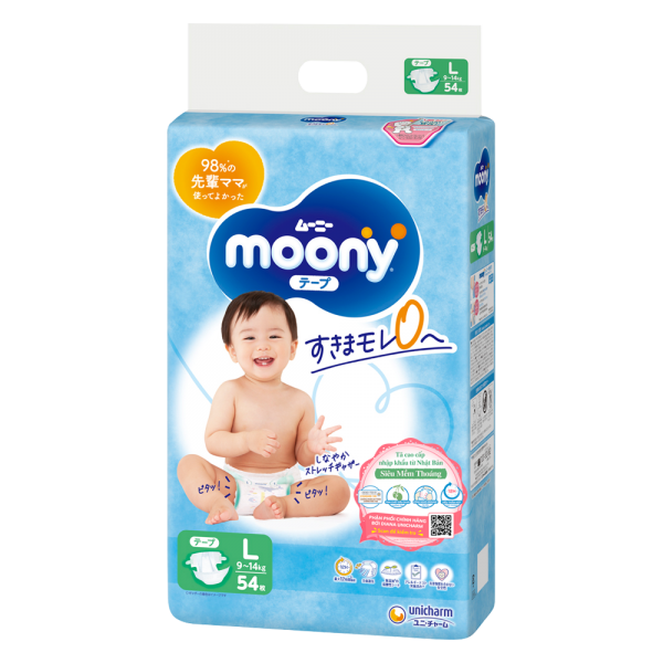 Bỉm tã dán Moony size L, 54 miếng (9-14kg) (giao bao bì ngẫu nhiên)