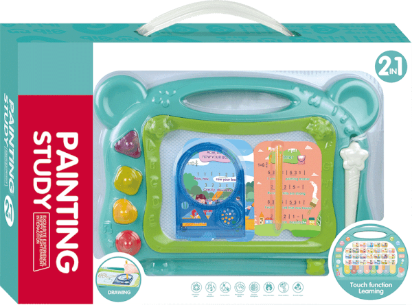 Bảng vẽ đa năng có nút bấm học chữ kèm bút và khuôn ấn cho bé CY464570 (Xanh)