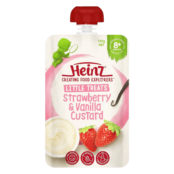 Hỗn hợp nghiền dành cho trẻ 8 tháng tuổi trở lên : Custard Dâu và Vani - Heinz Strawberry & Vanilla custard.