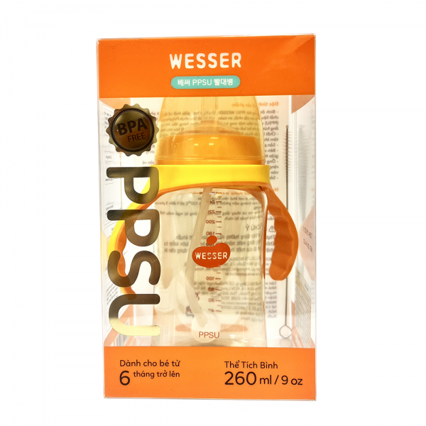 Bình ống hút Wesser nhựa PPSU có tay cầm cổ rộng 260ml (Giao bao bì ngẫu nhiên)