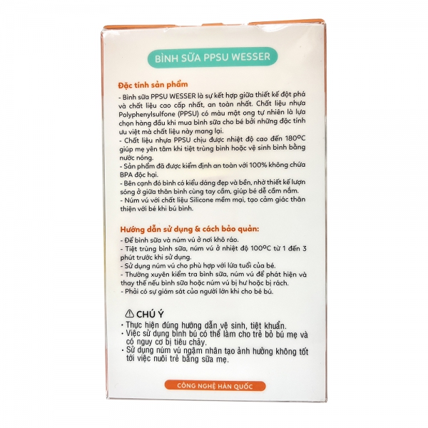 Bình sữa Wesser nhựa PPSU có tay cầm cổ rộng 260ml (Giao bao bì ngẫu nhiên)
