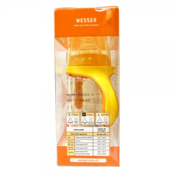Bình sữa Wesser nhựa PPSU có tay cầm cổ rộng 260ml (Giao bao bì ngẫu nhiên)