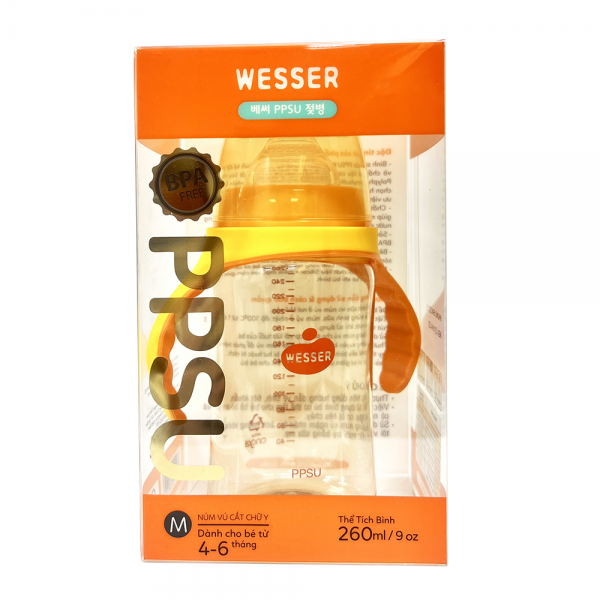 Bình sữa Wesser nhựa PPSU có tay cầm cổ rộng 260ml (Giao bao bì ngẫu nhiên)