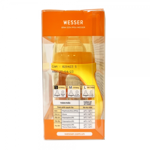 Bình sữa Wesser nhựa PPSU có tay cầm cổ rộng 180ml (Giao bao bì ngẫu nhiên)
