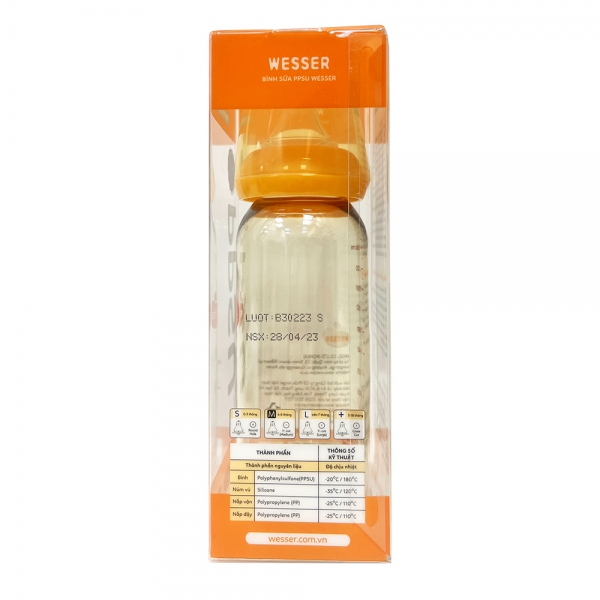 Bình sữa Wesser nhựa PPSU cổ hẹp 250ml (Giao bao bì ngẫu nhiên)