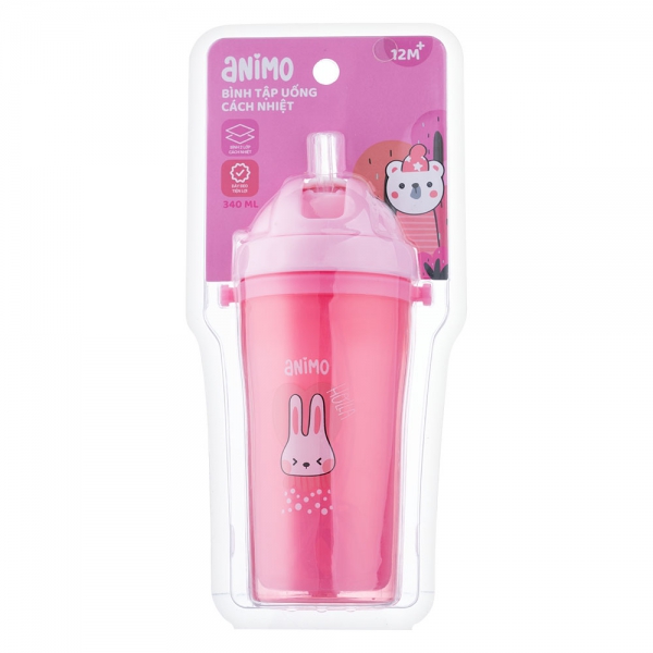 Bình tập uống cách nhiệt Animo (340ml, hồng, dây đeo, RK3415)