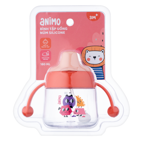 Bình tập uống núm silicone Animo (đỏ, 180ml, RK-B1042)