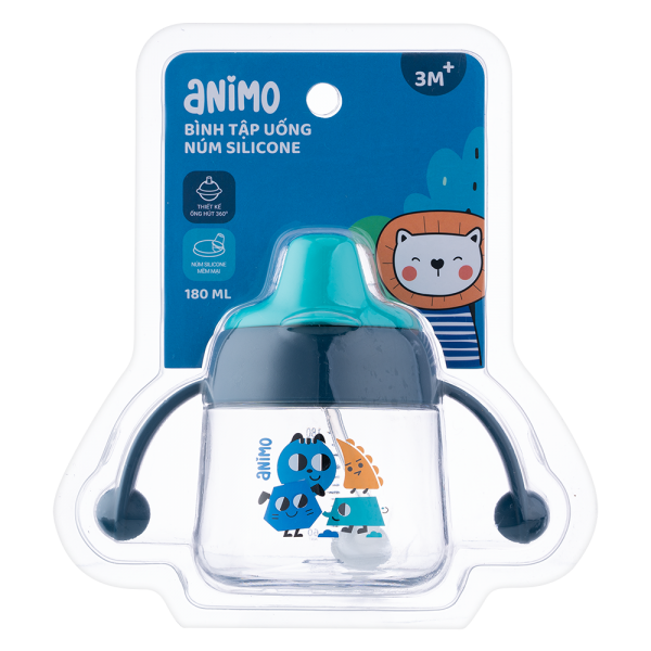 Bình tập uống núm silicone Animo (xanh, 180ml, RK-B1042)