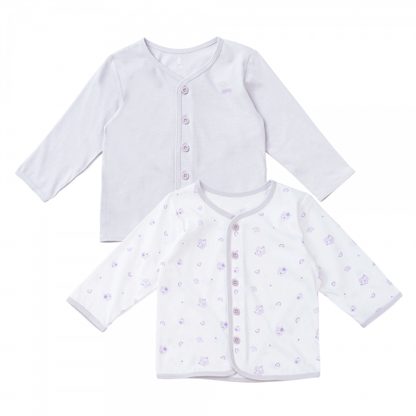 Cặp Áo SS cài giữa tay dài Animo KV223021 (3-6M,Trắng họa tiết_Tím)