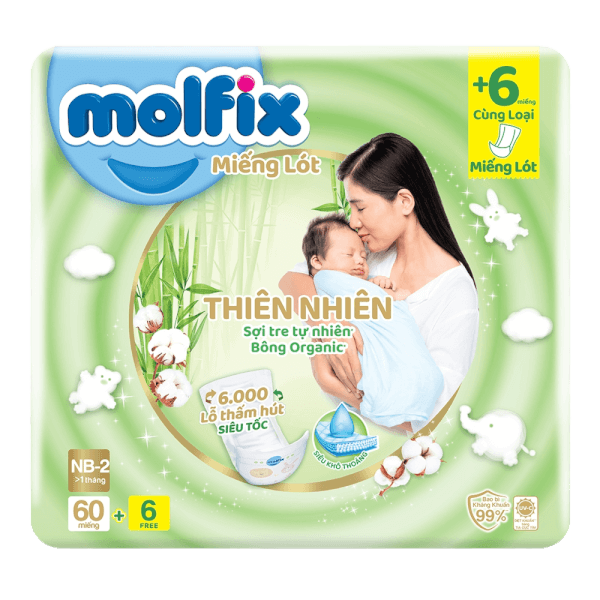Miếng lót Molfix Thiên Nhiên (Newborn 2, > 1 tháng, 60 miếng + 6 miếng)