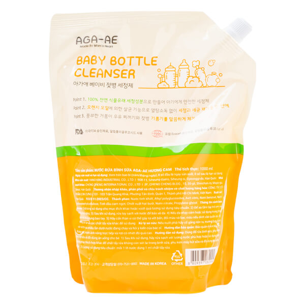 Nước rửa bình sữa AGA-AE hương cam - Túi 1L