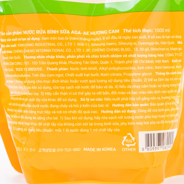 Nước rửa bình sữa AGA-AE hương cam - Túi 1L