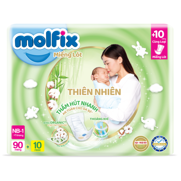 Miếng lót Molfix Thiên Nhiên (Newborn 1, < 1 tháng, 90 miếng + 10 miếng)