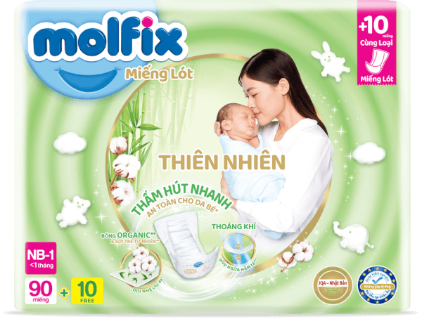 Miếng lót Molfix Thiên Nhiên (Newborn 1, < 1 tháng, 90 miếng + 10 miếng)