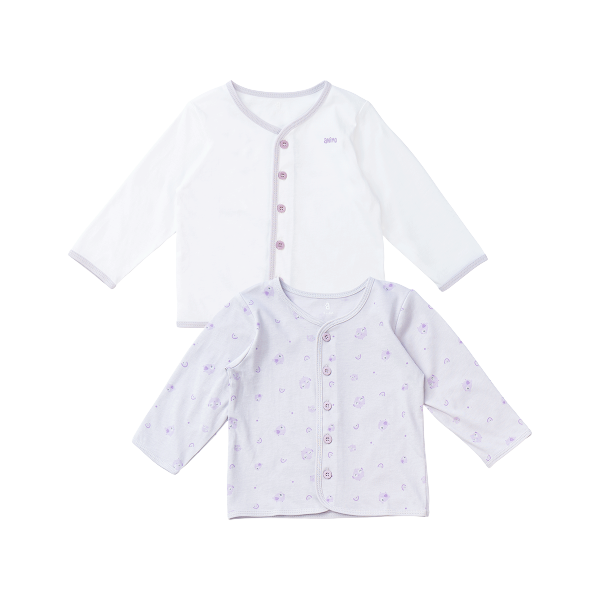 Cặp Áo SS cài giữa tay dài Animo KV223022 (0-3M,Tím họa tiết_Trắng)