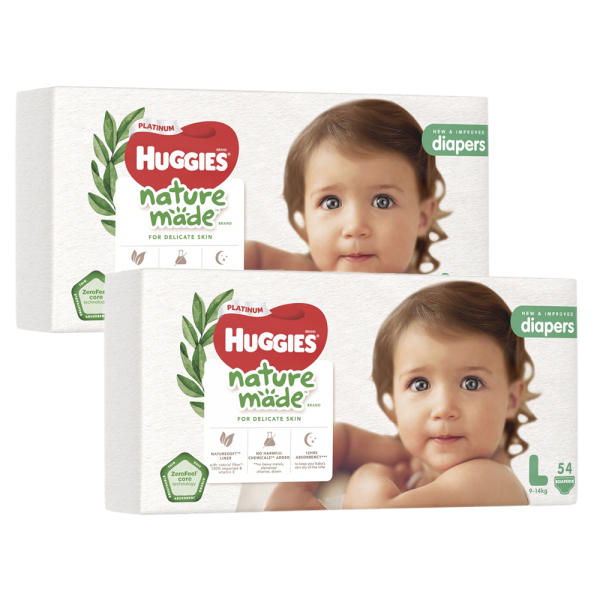 Combo 2 bỉm tã dán Huggies Platinum Nature Made size L 54 miếng (9-14kg)