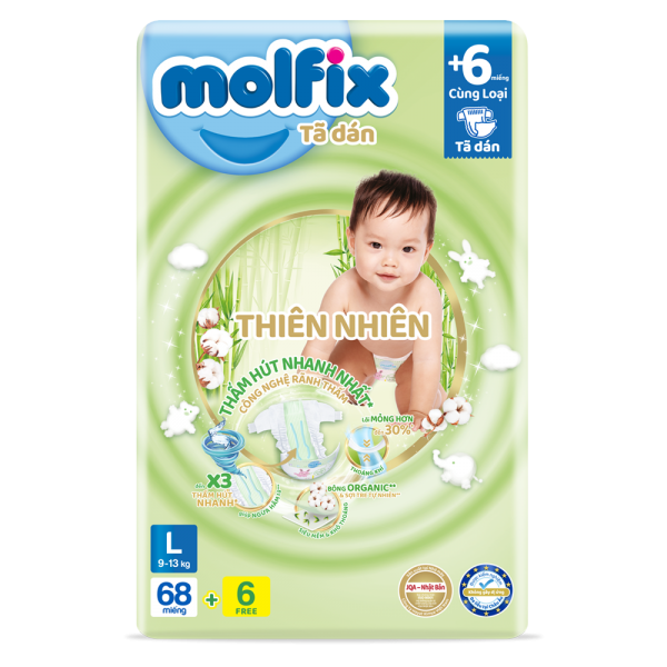 Bỉm tã dán Molfix Thiên Nhiên (L, 9-13kg, 68 miếng) (giao bao bì ngẫu nhiên)