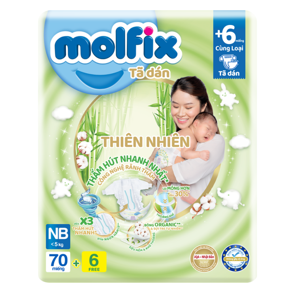 Bỉm tã dán Molfix thiên nhiên (Newborn,< 5kg, 70 miếng) (giao mẫu ngẫu nhiên)