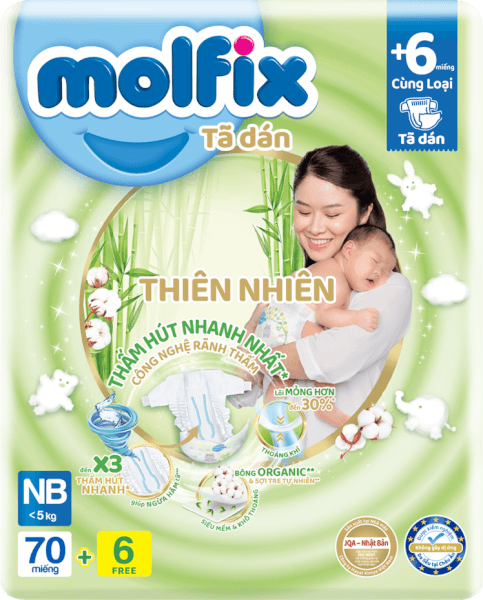 Bỉm tã dán Molfix thiên nhiên (Newborn,< 5kg, 70 miếng) (giao mẫu ngẫu nhiên)