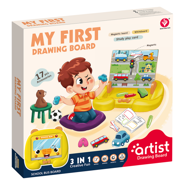 Bảng vẽ nam châm học tập kèm bộ chữ số, phương tiện giao thông từ tính và bút vẽ JS061007_C2307 (Vàng)