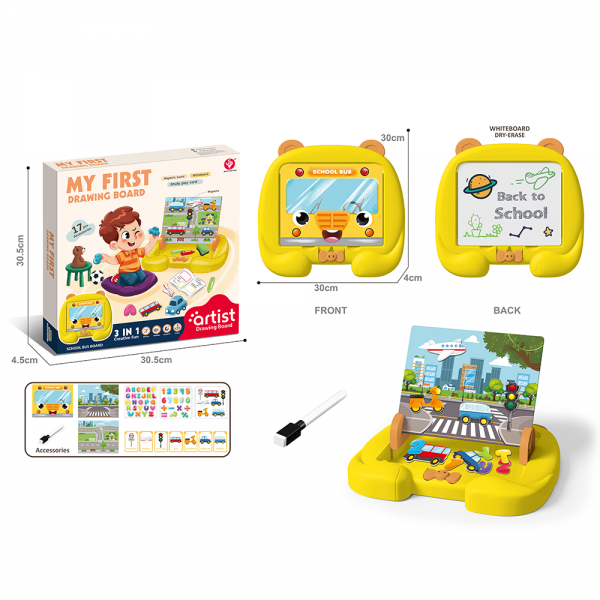 Bảng vẽ nam châm học tập kèm bộ chữ số, phương tiện giao thông từ tính và bút vẽ JS061007_C2307 (Vàng)