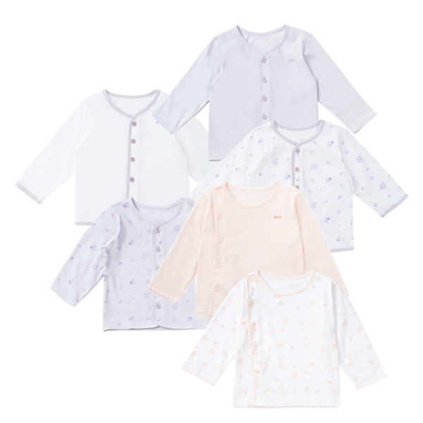 Combo 3 cặp áo sơ sinh NB cài chéo & cài giữa tay dài KV223015 (Trắng họa tiết-Cam), KV223021 (Trắng họa tiết_Tím) và KV223022 (Tím họa tiết_Trắng)