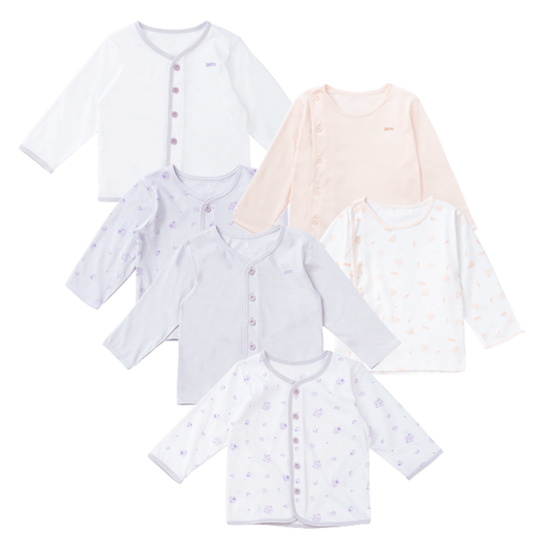 Combo 3 cặp áo sơ sinh 3-6M cài chéo & cài giữa tay dài KV223015 (Trắng họa tiết-Cam), KV223021 (Trắng họa tiết_Tím) và KV223022 (Tím họa tiết_Trắng)