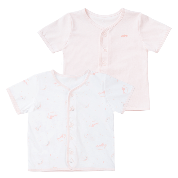 Cặp Áo SS cài giữa tay ngắn Animo KV223017 (0-3M,Trắng họa tiết_Hồng)