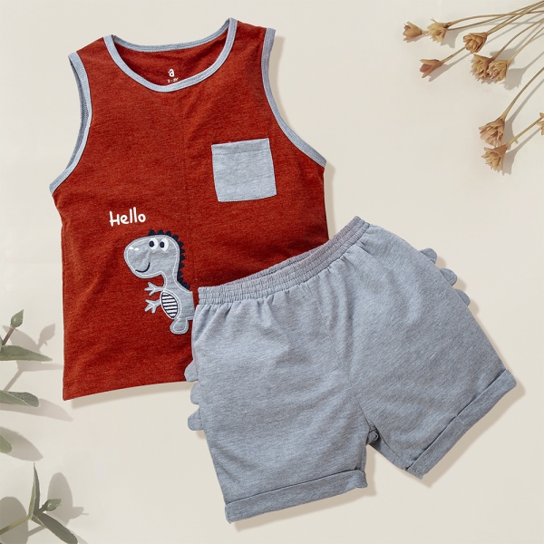 Bộ bé trai ngắn, bst khủng long Animo HN522037 (18-24M,Đỏ)