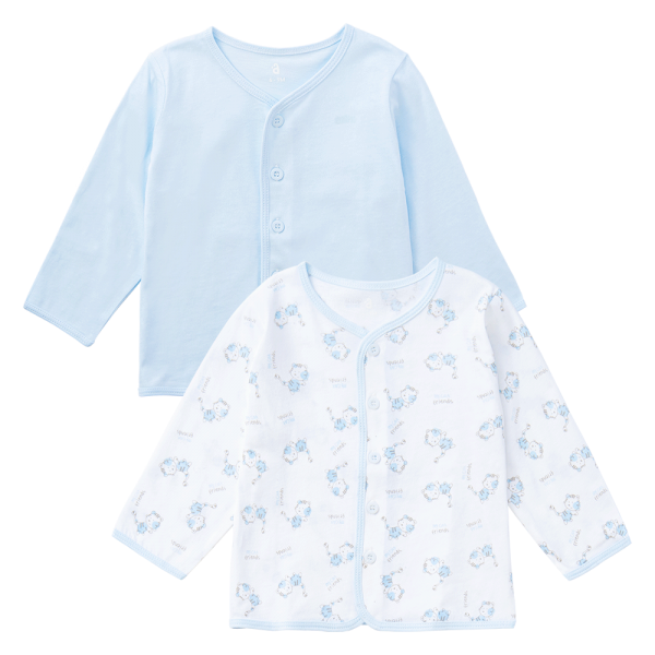 Cặp Áo SS cài giữa tay dài Animo KV223020 (3-6M,Trắng họa tiết-Xanh)