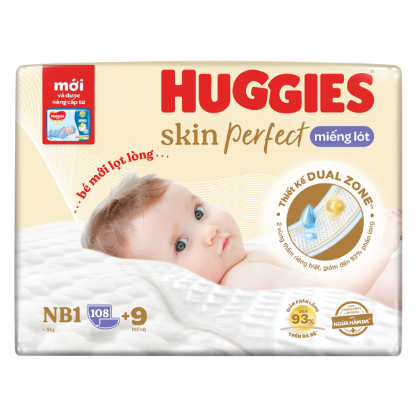 Miếng lót lọt lòng Huggies Skin Perfect (Newborn 1, dưới 5kg, 108 miếng)