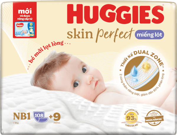 Miếng lót lọt lòng Huggies Skin Perfect (Newborn 1, dưới 5kg, 108 miếng)