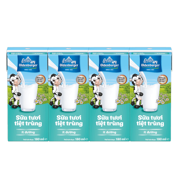 Thùng Sữa tươi tiệt trùng Oldenburger ít đường 180ml (lốc 4 hộp)