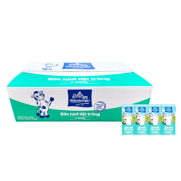 Thùng Sữa tươi tiệt trùng Oldenburger ít đường 180ml (lốc 4 hộp)