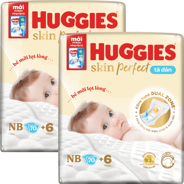 Combo 2 Tã dán lọt lòng Huggies Skin Perfect (Newborn, dưới 5kg, 70 miếng)