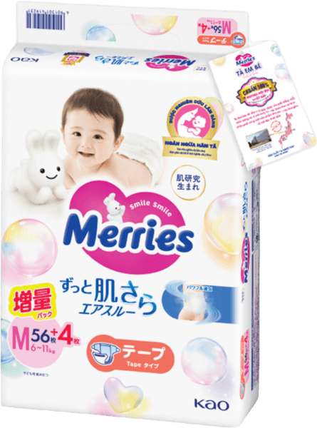 Tã dán Merries nội địa (M, 6-11kg, 56 + 4 miếng)