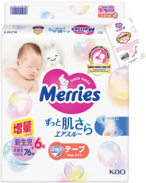 Tã dán sơ sinh Merries nội địa (< 5kg, 76 + 6 miếng)