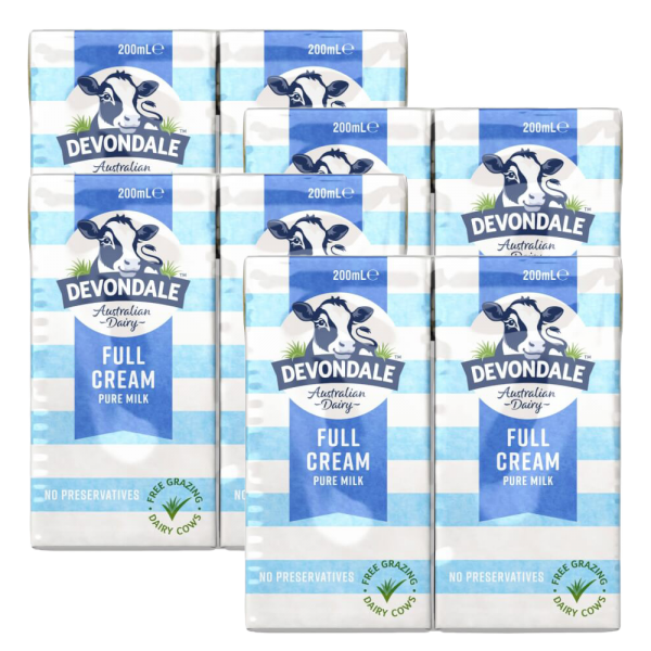 Thùng Sữa tươi nguyên chất tiệt trùng DEVONDALE MILK (DEVONDALE FULL CREAM MILK) 200ml - Lốc 6 hộp