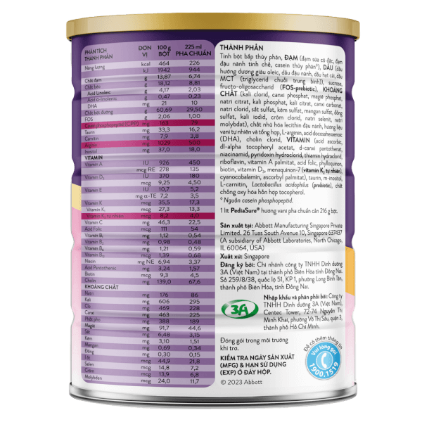 Combo 2 lon Thực phẩm dinh dưỡng y học cho trẻ 1-10 tuổi: Pediasure vani 850g