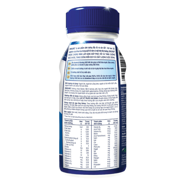 Thực phẩm dinh dưỡng y học Ensure dạng lỏng hương vani 237ML - Lốc 6 chai