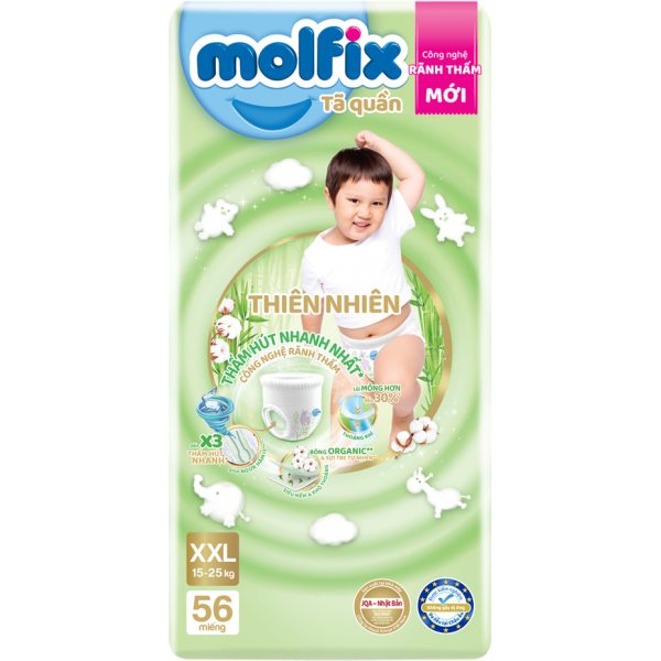 Combo 4 Tã quần Molfix Thiên Nhiên (XXL, 15 - 25kg, 56 miếng) (giao bao bì ngẫu nhiên)