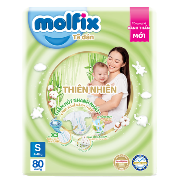 Bỉm tã dán Molfix Thiên nhiên (S, 4-8kg, 80 miếng) (giao bao bì ngẫu nhiên)
