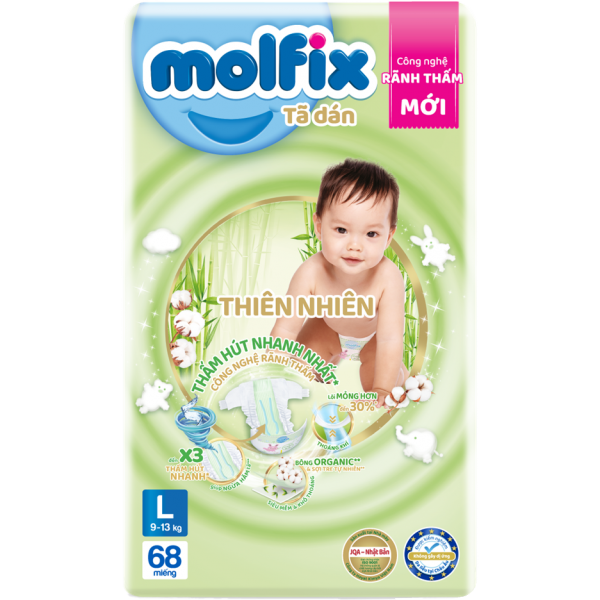 Bỉm tã dán Molfix Thiên Nhiên (L, 9-13kg, 68 miếng) (giao bao bì ngẫu nhiên)