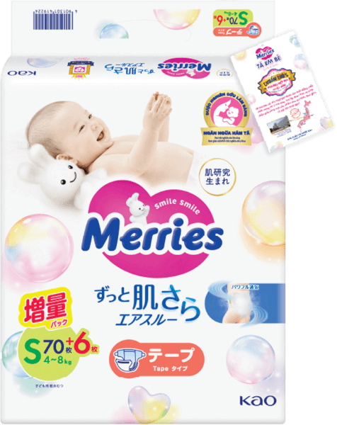 Tã dán Merries nội địa (S, 4-8kg, 70 + 6 miếng)