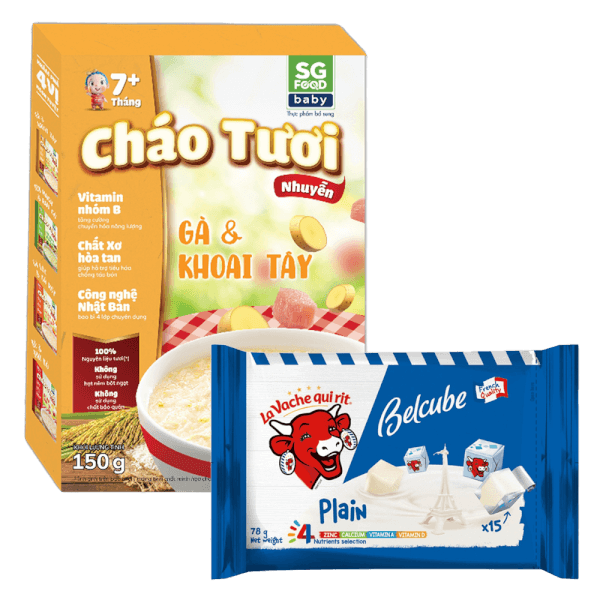 Combo 1 Phô mai Con Bò Cười vuông Belcube vị truyền thống 78g và 1 Cháo tươi trẻ em SG Food vị Gà & Khoai tây (150g)